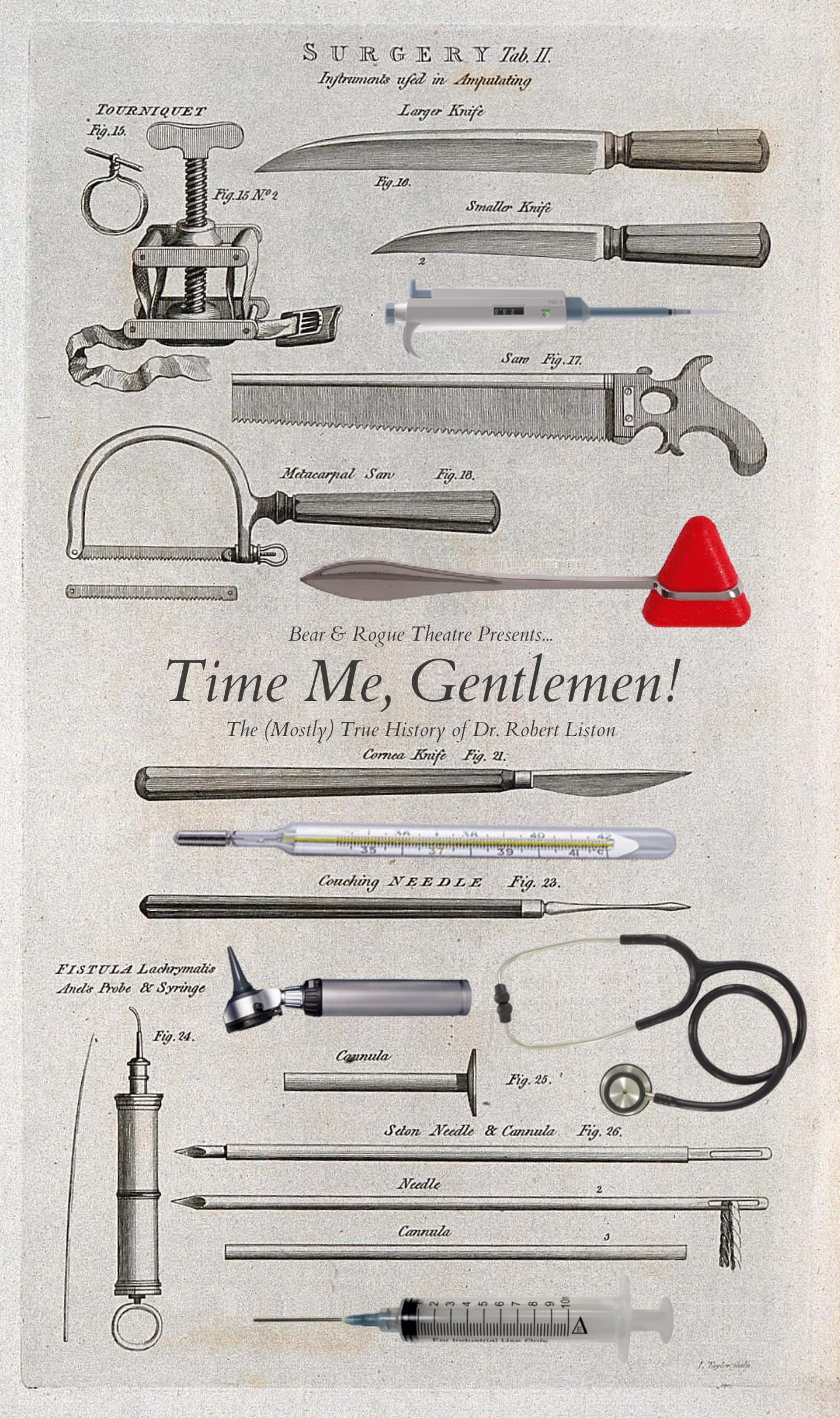 Poster for "Time Me, Gentlemen!" presented by Bear & Rogue Theatre